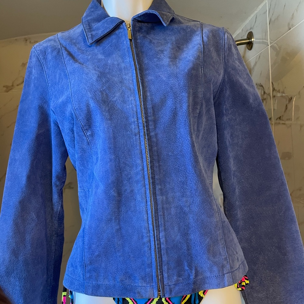 blue suede vintage moto leather jacket